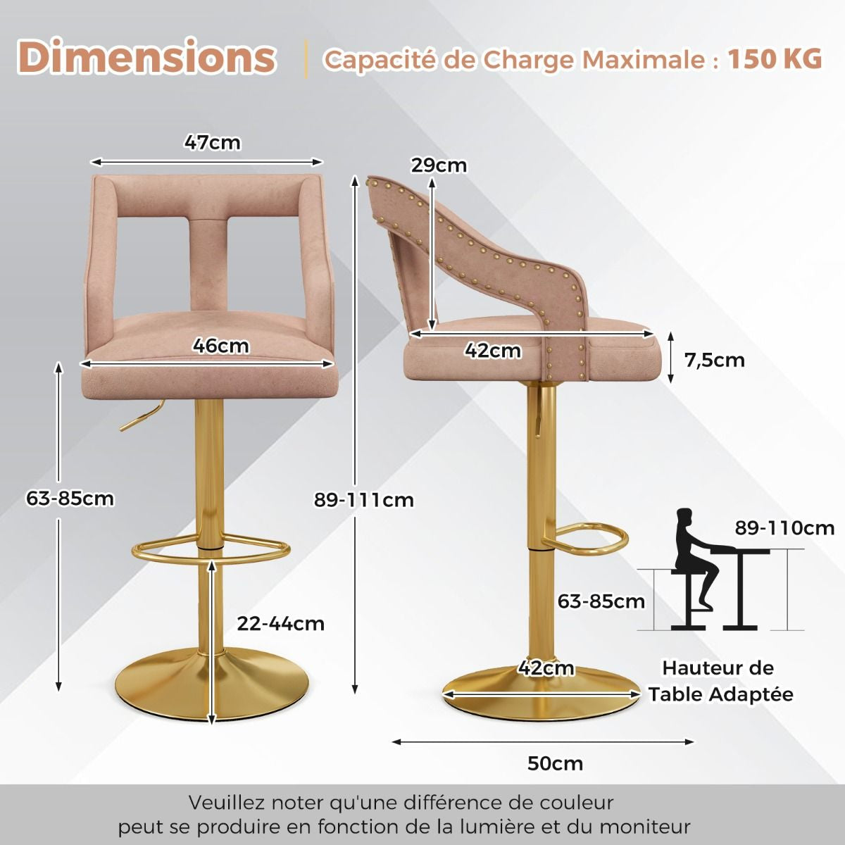 Lot De 2 Chaises De Bar Pivotantes Et Réglables Repose-Pied Base En Métal Galvanisé Anneau Antidérapant Gris/Rose
