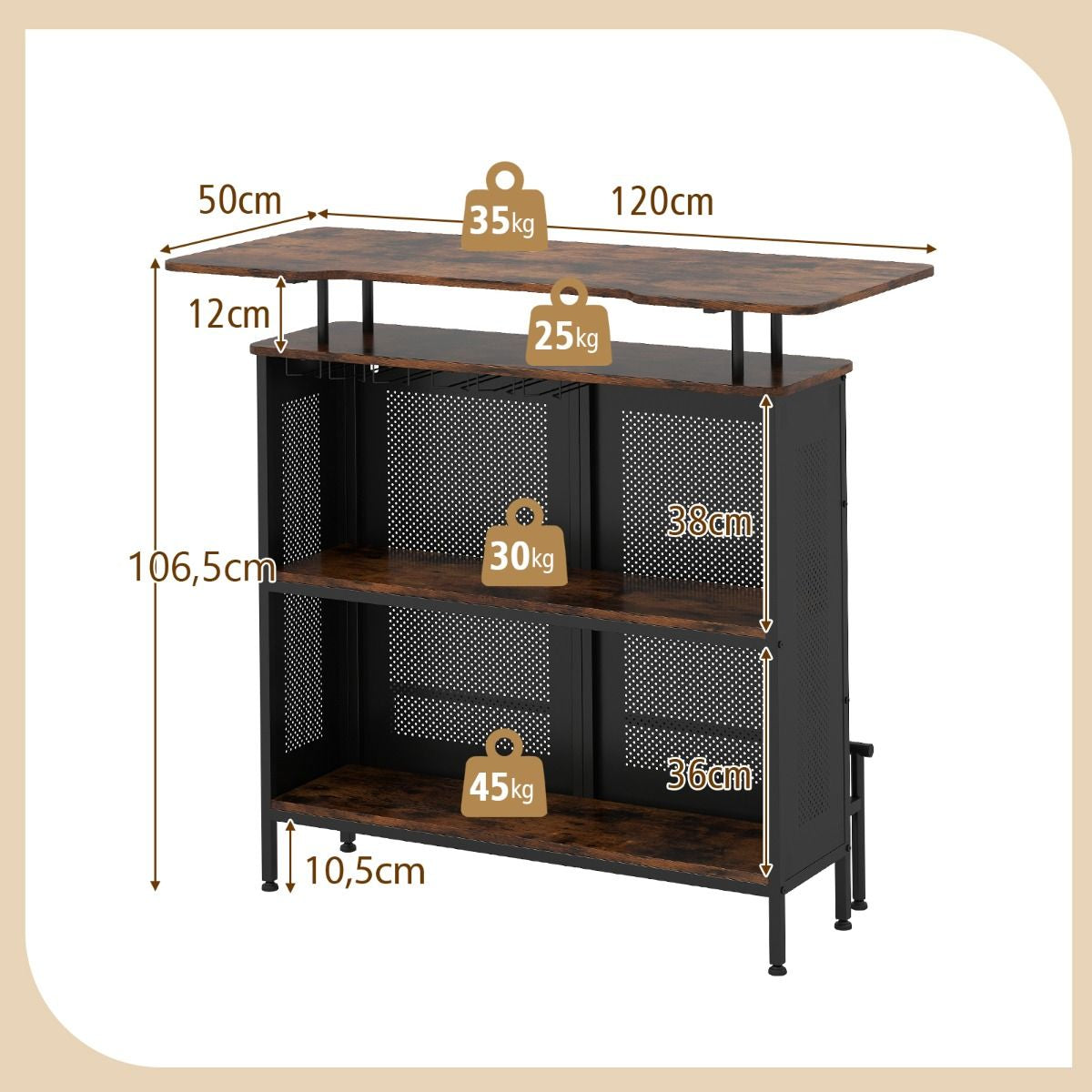 Table De Bar À Domicile À 4 Niveaux Armoire De Bar Avec 2 Étagères Pour Vin Et 6 Supports De Verres Repose-Pieds En Métal 7 Pieds Réglables Noir/Marron