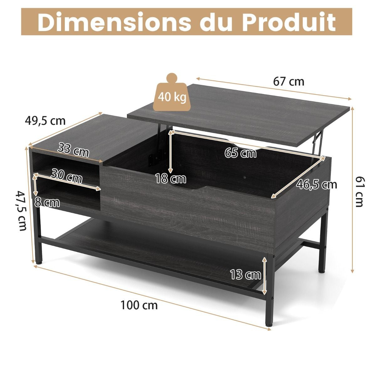 Table Basse À Plateau Relevable Table De Salon Avec Compartiment Caché Et Etagère De Rangement Amovible Table Centrale Rabattable Blanc/Gris