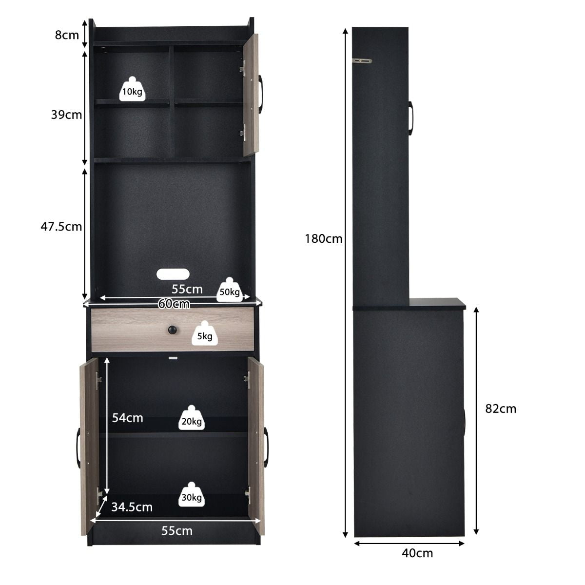 Buffet De Cuisine Meuble Cuisine Rangement Avec 3 Portes Et 1 Niche De Rangement Passe-Câble 60 X 40 X 180 CM Noir/Blanc