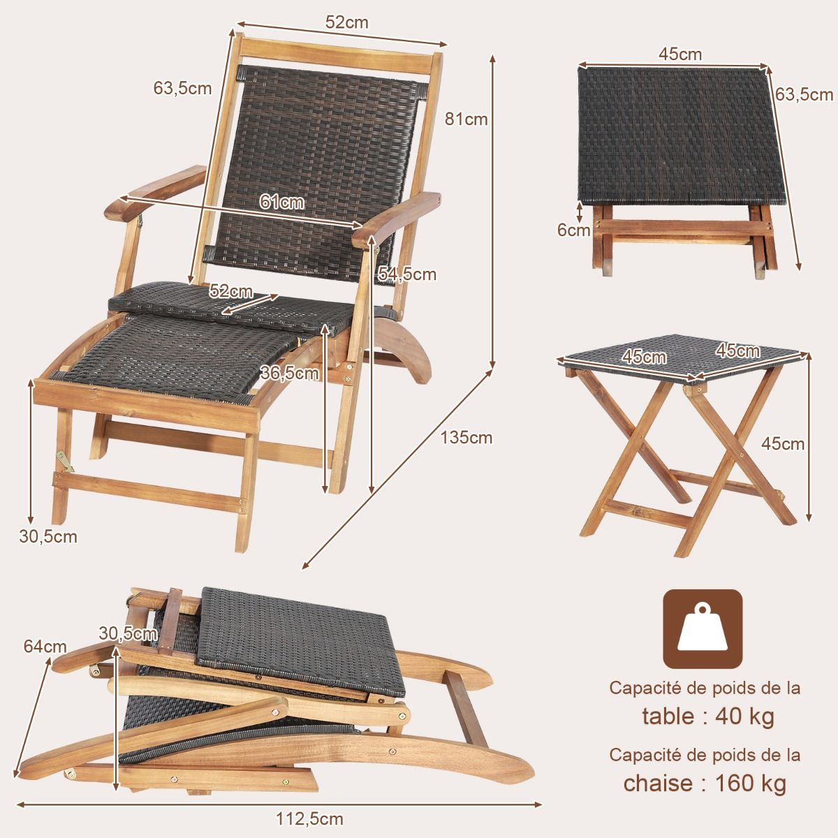 Chaise Longue En Rotin Avec Repose-Pied Rétractable Table D'Appoint Pliable Et Accoudoirs Pour Jardin