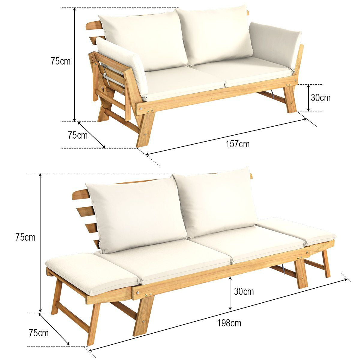 Chaise Longue Convertible Avec Coussin Canapé De Jardin 2 En 1 En Bois D’Acacia Avec Accoudoir Réglable 4 Couleurs Au Choix