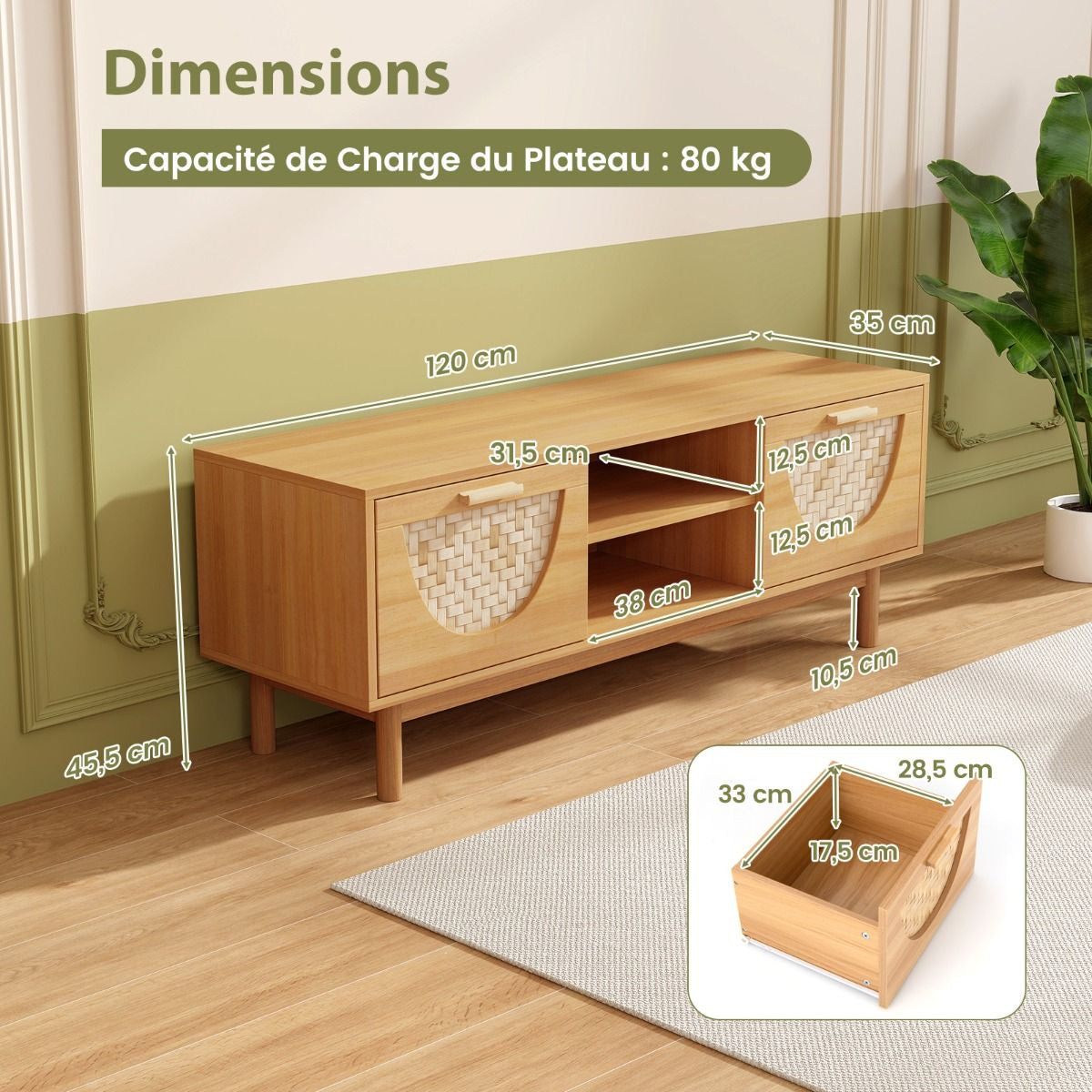 Meuble TV Jusqu'À 55" Table Console Multimédia Moderne Etagères Ouvertes Tiroirs Tissés En Bambou Centre De Divertissement Blanc Et Naturel