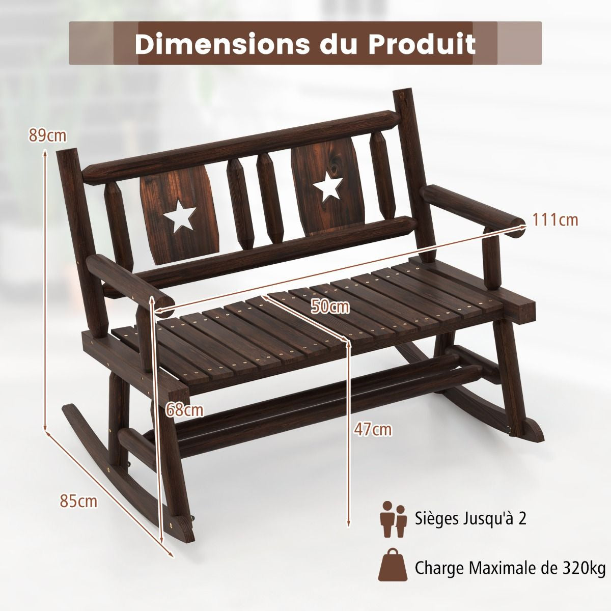 Banc À Bascule De Jardin En Bois Carbonisé 2 Personnes Siège À Lattes Dossier Ergonomique Charge 320KG Terrasse Piscine