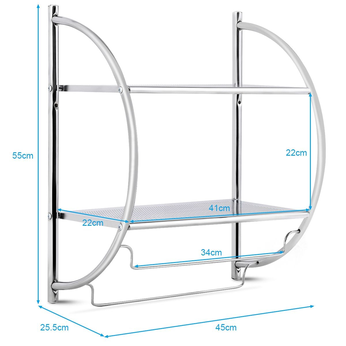 Etagère Murale De Salle De Bain Porte-Serviettes Avec 2 Tablettes Et 2 Barres En Métal Chromé 45X25,5X55Cm Argenté