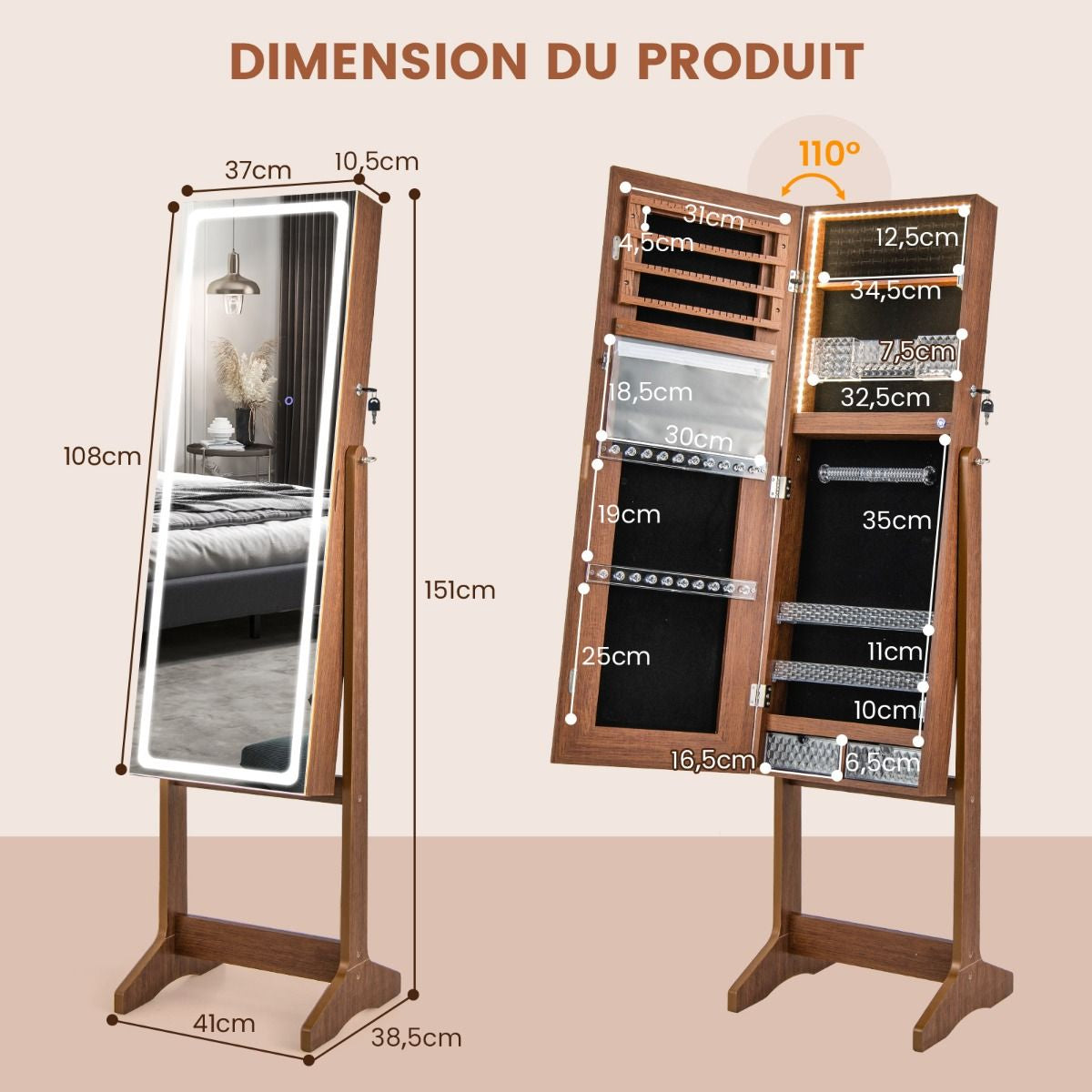 Armoire À Bijoux Sur Pied Avec Lumières LED Armoire Verrouillable Avec Miroir Pleine Longueur Éclairé Blanc/Marron Rustique/Noyer