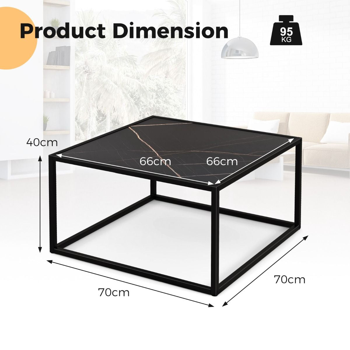 Table Basse Carrée Moderne Avec Dessus De Table En Faux Marbre Et Structure En Acier Noir