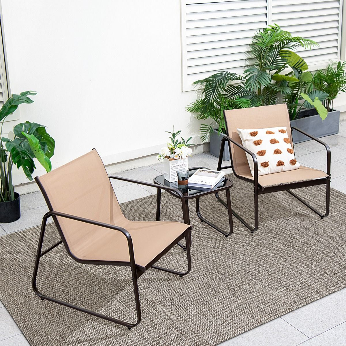 Salon De Jardin 3 PCS En Textilène Anti-Uv Table Basse En Verre Trampé Cadre En Métal Marron/Noir