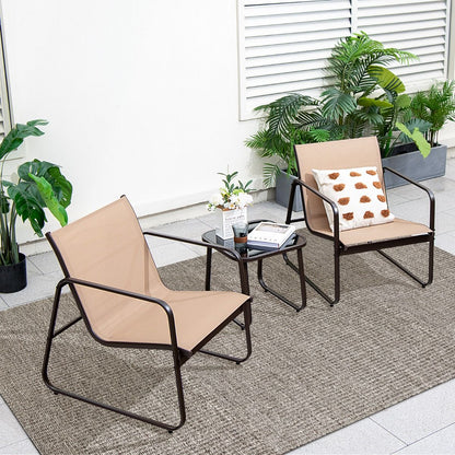 Salon De Jardin 3 PCS En Textilène Anti-Uv Table Basse En Verre Trampé Cadre En Métal Marron/Noir