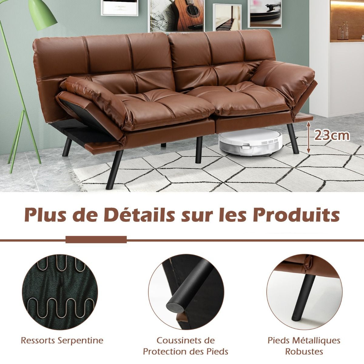 Canapé-Lit Futon Convertible En Mousse À Mémoire De Forme Avec Dossier Et Accoudoirs Réglables Canapé-Lit Futon Moderne Gris/Noir/Brun