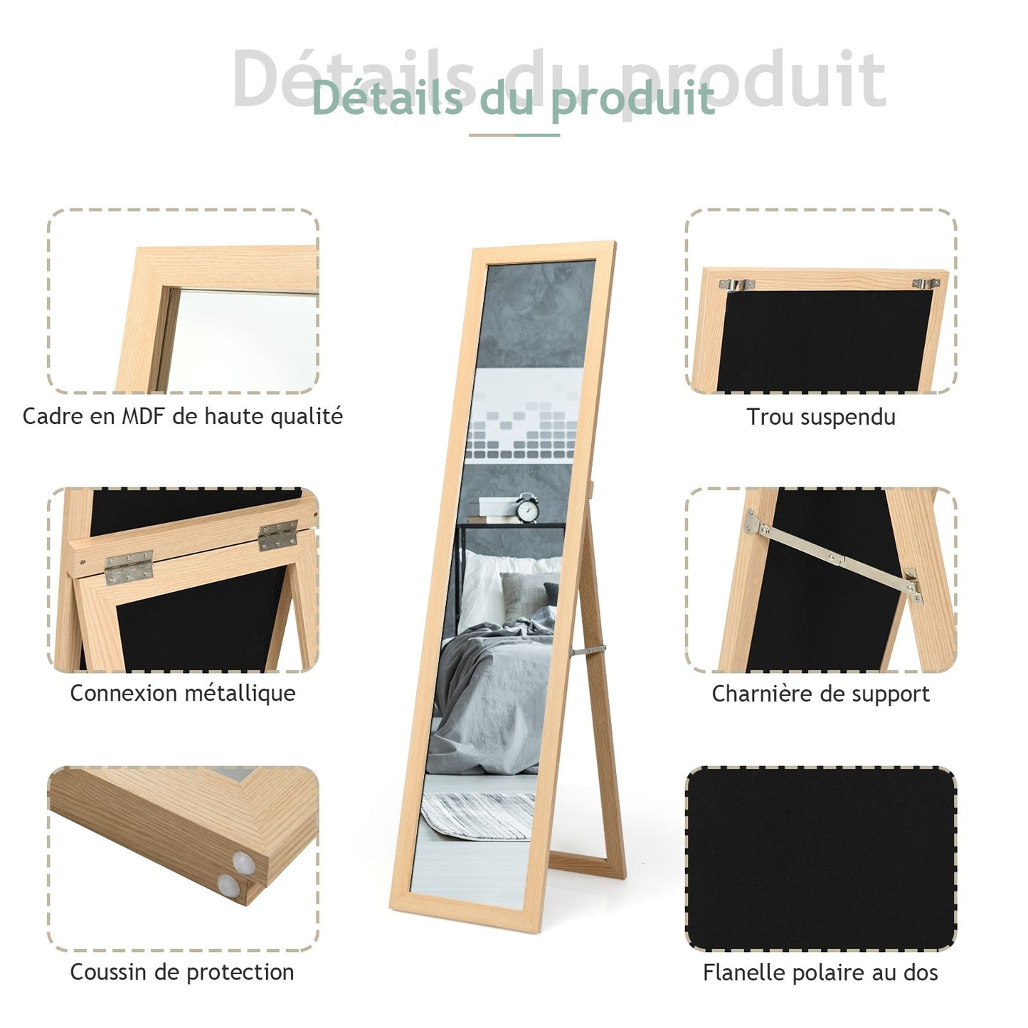 Miroir Sur Pied Psyché Miroir Autoportant Rectangulaire 155 X 37 Cm Style Scandinave Moderne Blanc/Naturel/Noir