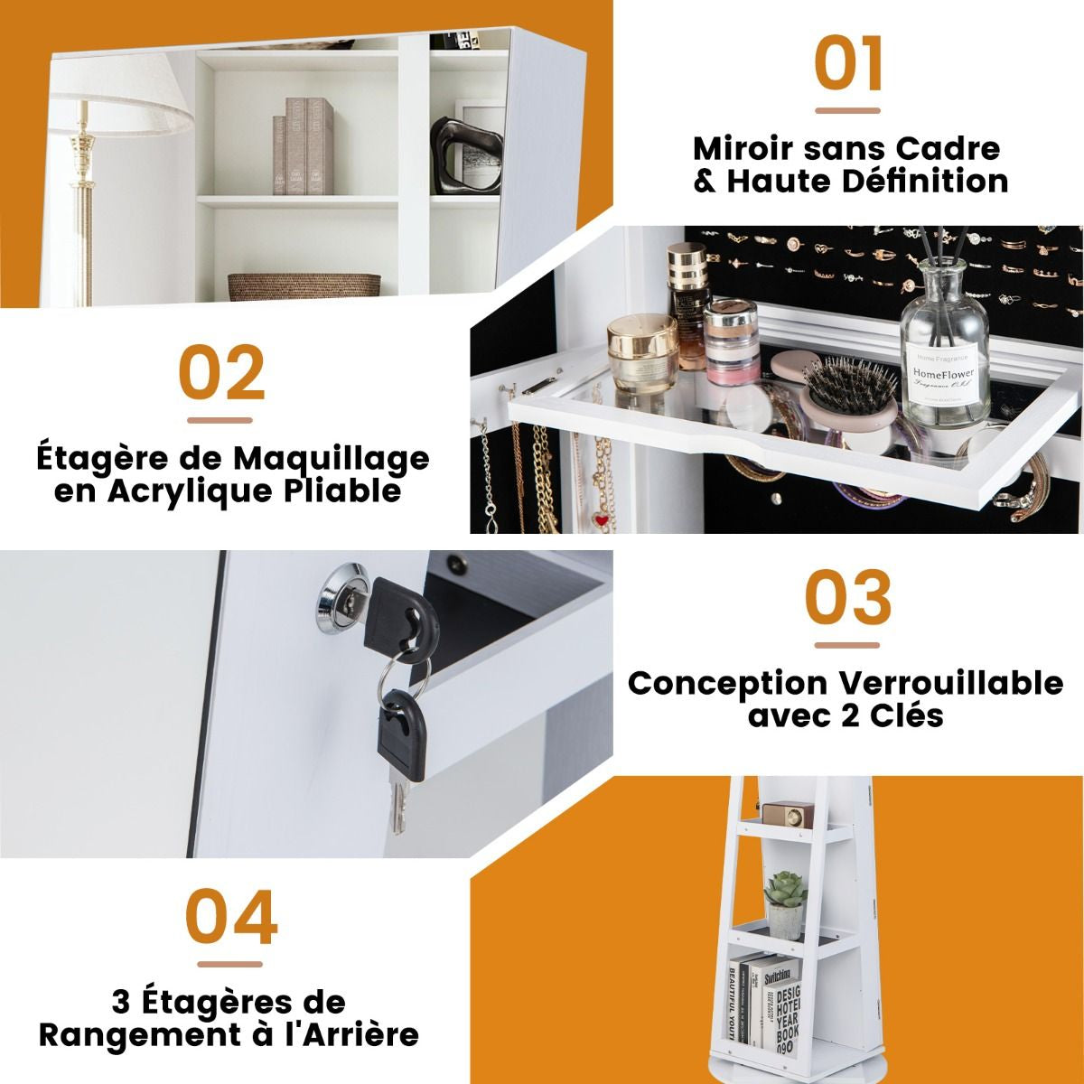 Armoire À Bijoux Pivotante À 360°Avec Lumières LED 3 Couleurs Miroir Pleine Longueur Et Étagère 3 Niveaux En Arrière 10 Couleurs Au Choix