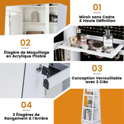 Armoire À Bijoux Pivotante À 360°Avec Lumières LED 3 Couleurs Miroir Pleine Longueur Et Étagère 3 Niveaux En Arrière 10 Couleurs Au Choix
