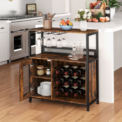 Meuble Bar Meuble À Vin Autonome Avec Casier À Vin Porte-Verres Rangement Buffet Bar Café Industriel Avec Porte En Grillage Brun Rustique
