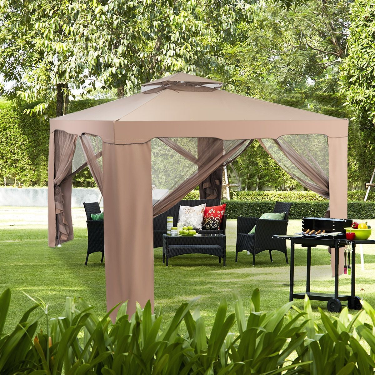Tente De Réception Tonnelle De Jardin Imperméable Double Toits Moustiquaire Protection UV 50+ Imperméable 3X3M Pour Terrasse Jardin Brun/Beige