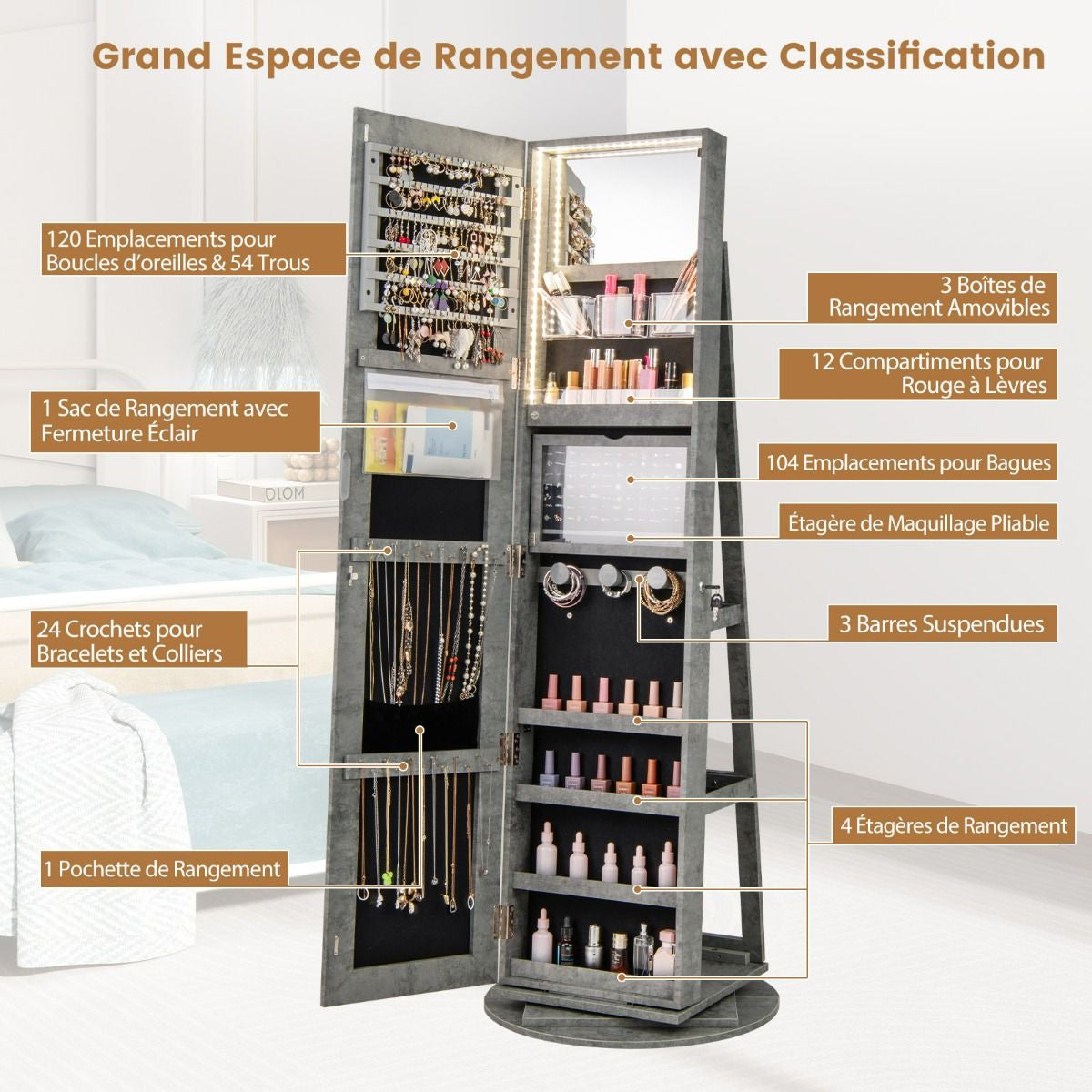 Armoire À Bijoux Pivotante À 360°Avec Lumières LED 3 Couleurs Miroir Pleine Longueur Et Étagère 3 Niveaux En Arrière 10 Couleurs Au Choix