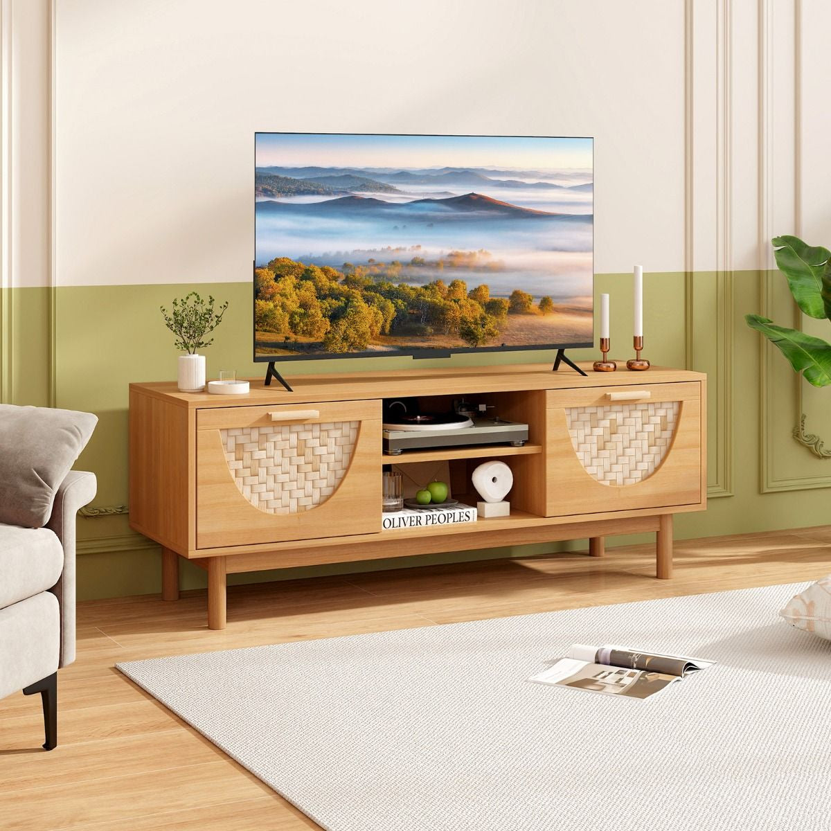 Meuble TV Jusqu'À 55" Table Console Multimédia Moderne Etagères Ouvertes Tiroirs Tissés En Bambou Centre De Divertissement Blanc Et Naturel