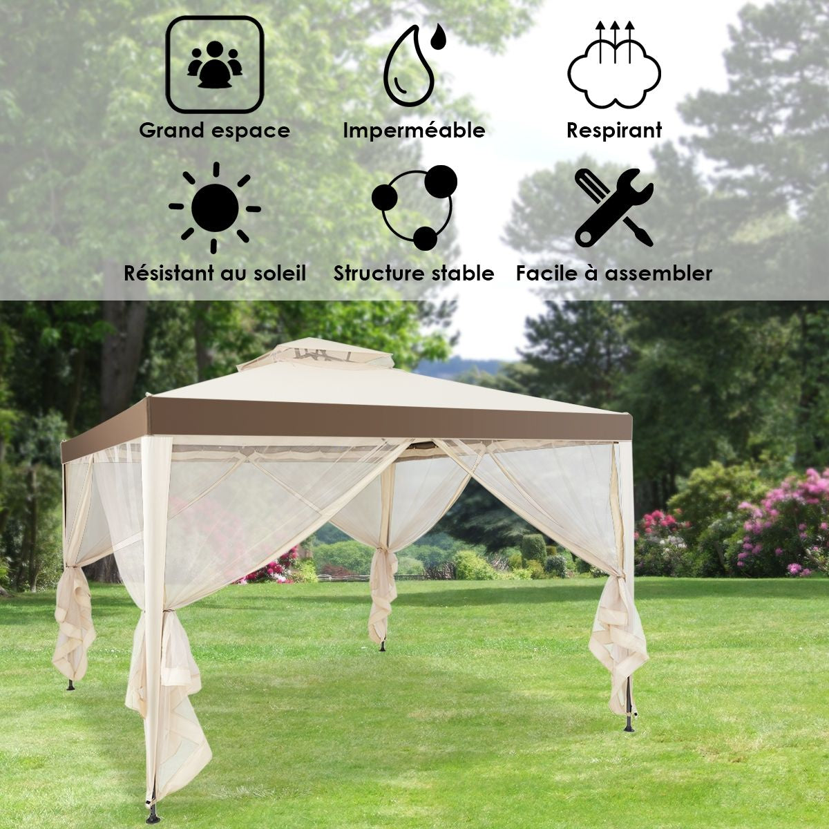 Tente De Réception Tonnelle De Jardin Imperméable Double Toits Moustiquaire Protection UV 50+ Imperméable 3X3M Pour Terrasse Jardin Brun/Beige