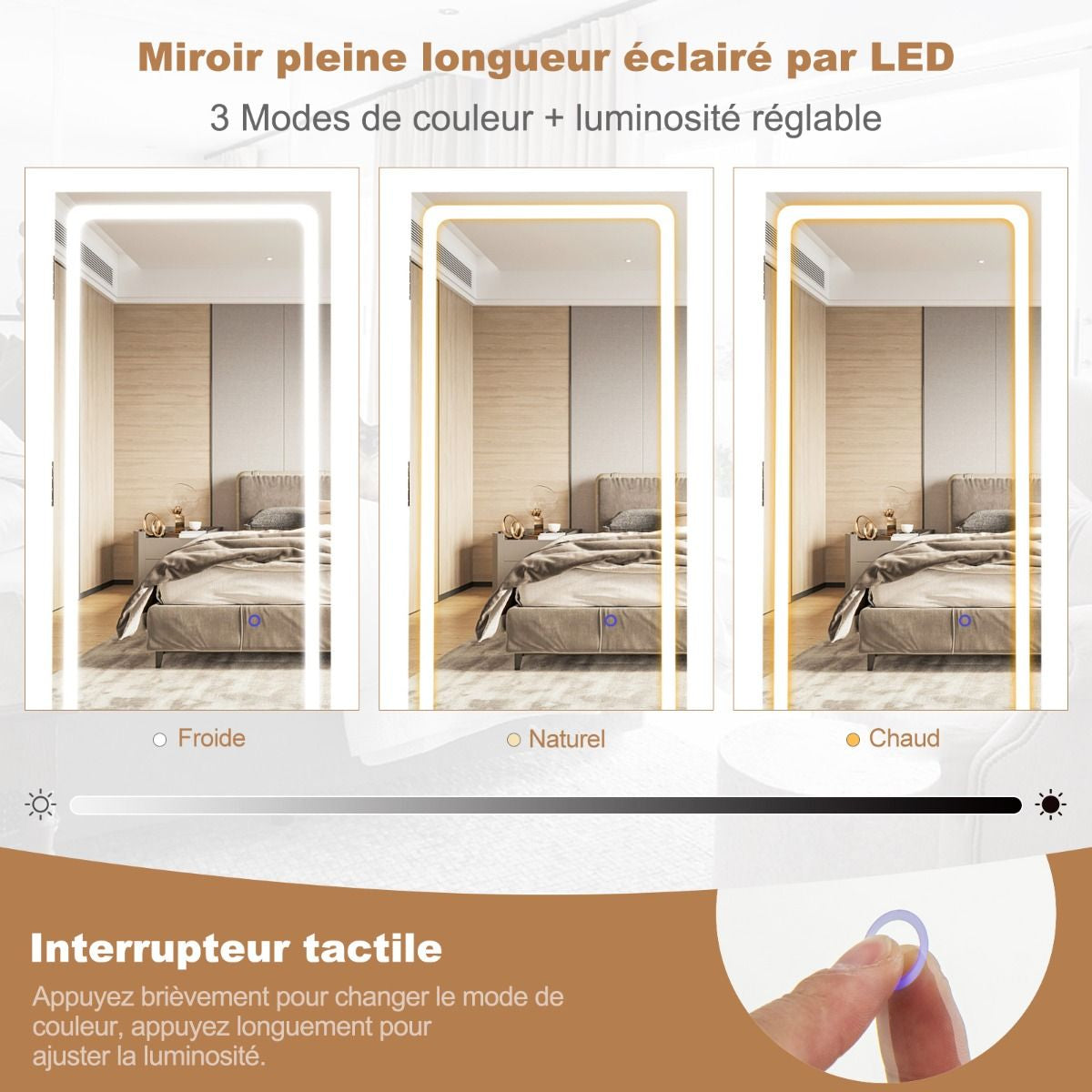 Armoire À Bijoux Avec Miroir Sur Pieds Pivotant 360° Grand Miroir Psyché Sans Cadre Avec LED Verrouillable Placard Beauté 3 Étagères Blanc/Café