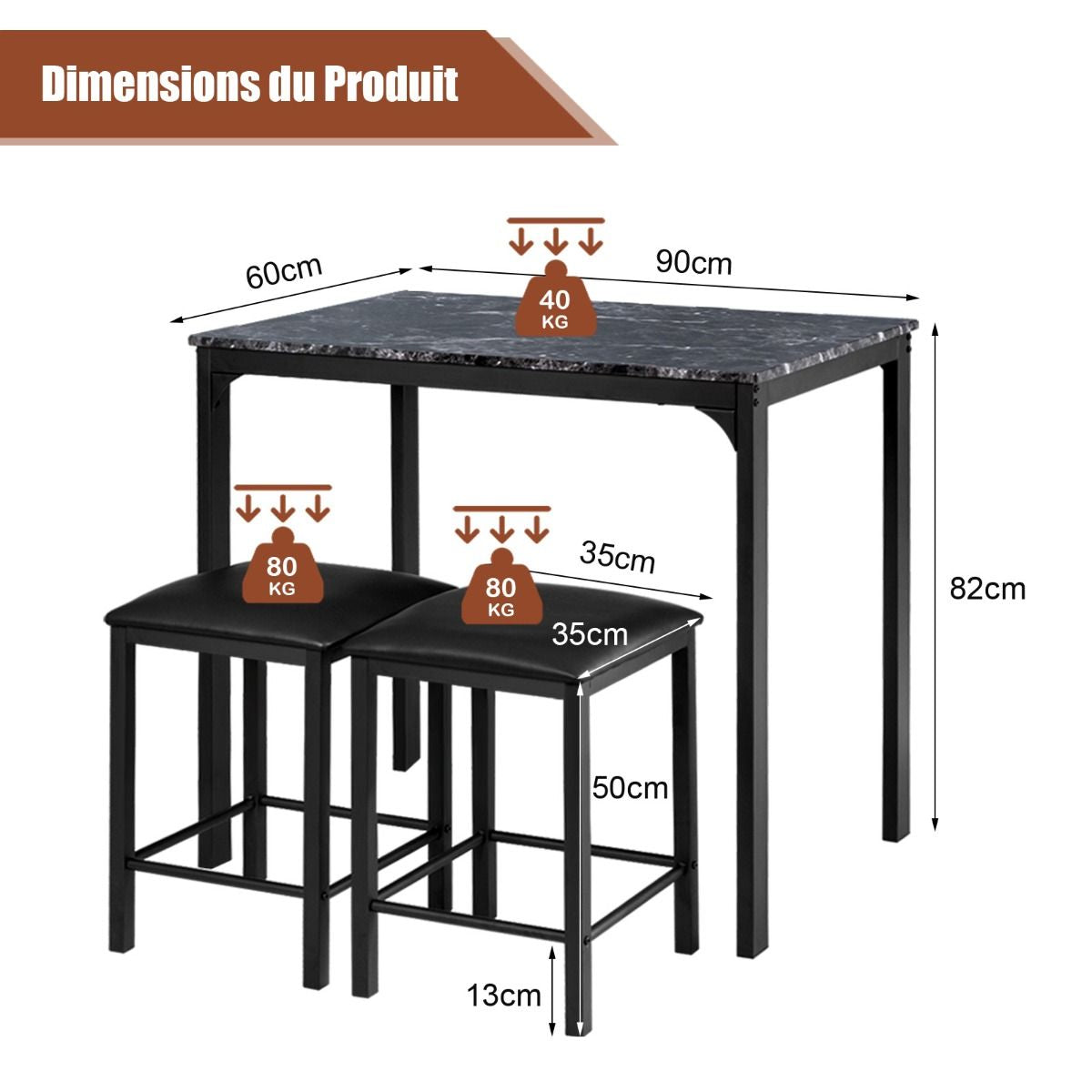 Table Haute Cuisine Avec 2 Tabourets Table Bar Cuisine Cadre En Métal Mange-Debout Industriel Pour Bistro Salle À Manger Cuisine Blanc/Café/Noir