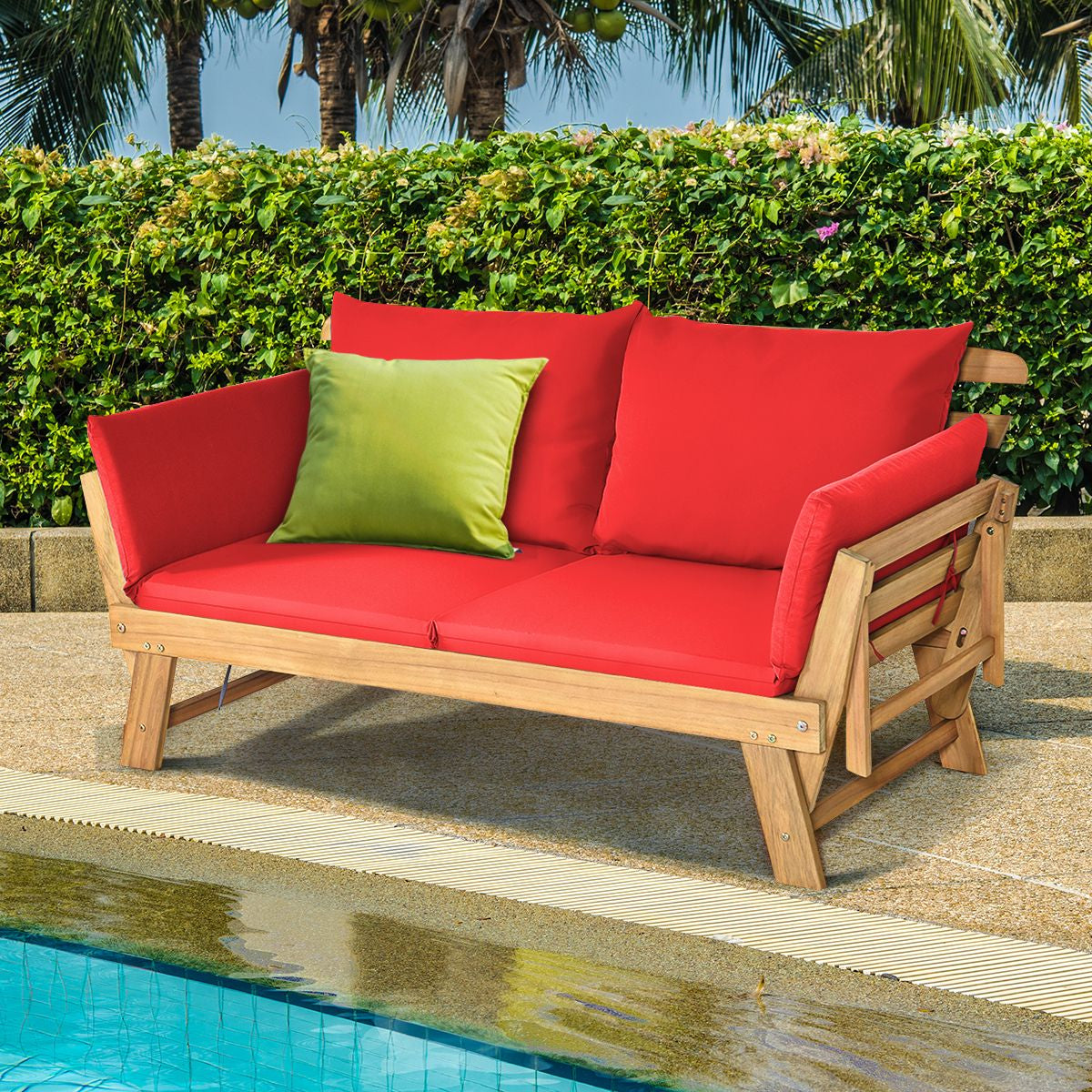 Chaise Longue Convertible Avec Coussin Canapé De Jardin 2 En 1 En Bois D’Acacia Avec Accoudoir Réglable 4 Couleurs Au Choix