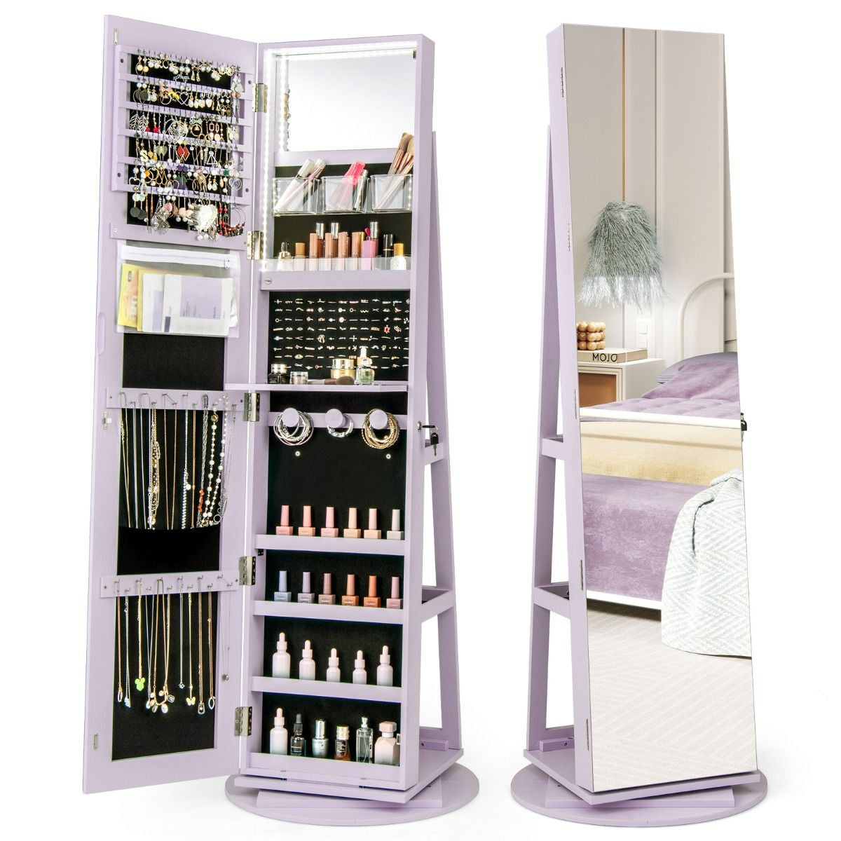 Armoire À Bijoux Pivotante À 360°Avec Lumières LED 3 Couleurs Miroir Pleine Longueur Et Étagère 3 Niveaux En Arrière 10 Couleurs Au Choix
