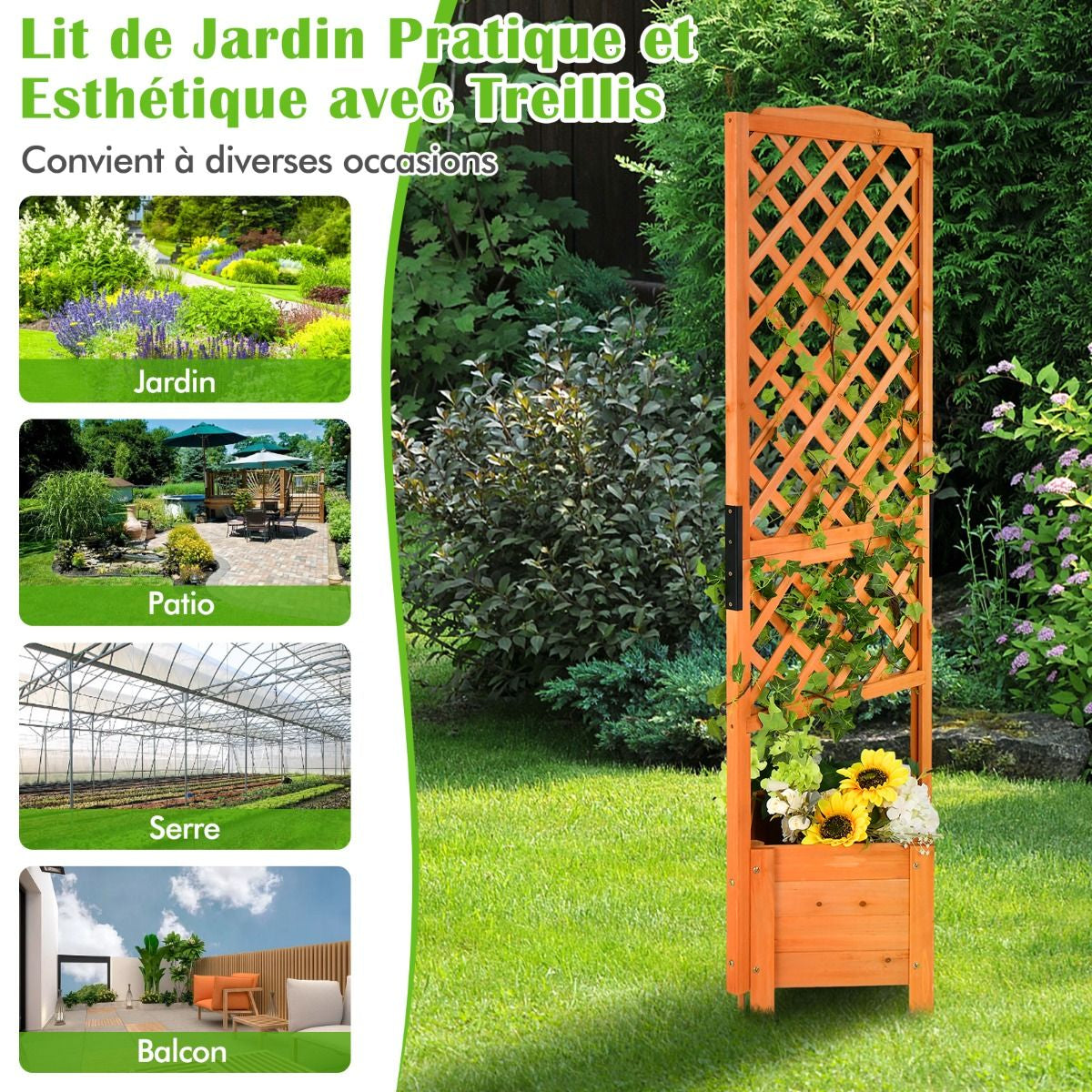 Jardinière Sur Pied Avec Treillis En Bois De Sapin 54,5X52X180Cm Bac À Fleurs Avec Trous De Drainage Pour Plantes Grimpantes