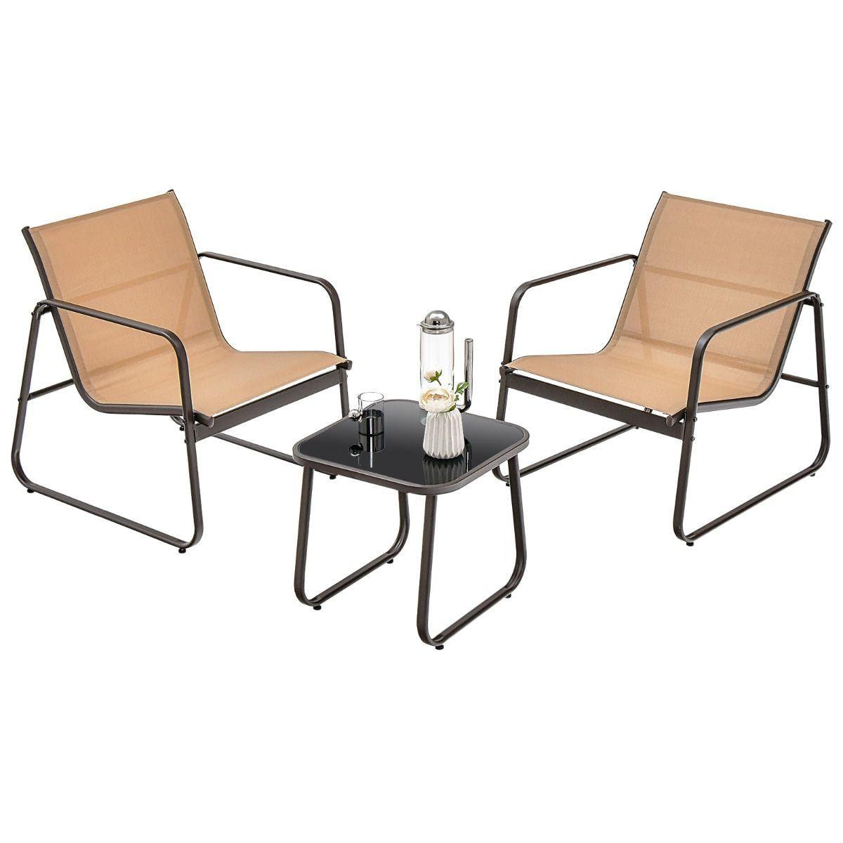 Salon De Jardin 3 PCS En Textilène Anti-Uv Table Basse En Verre Trampé Cadre En Métal Marron/Noir