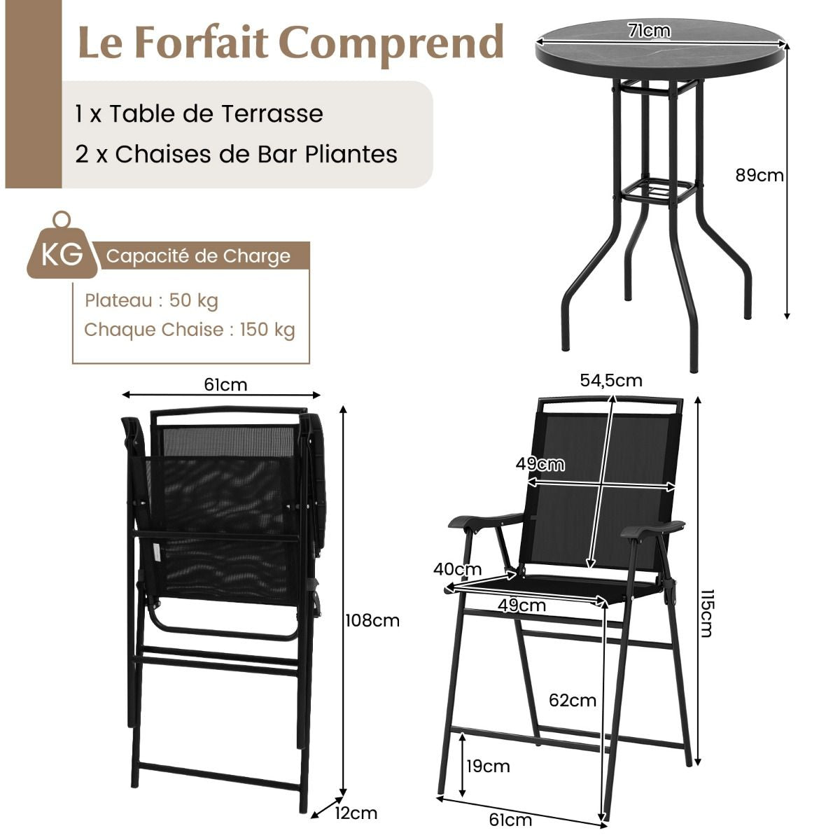 Bistrot Pour Patio 3 Pièces Table Et Chaises Pliantes De Bar De Jardin Avec Plateau De Table DPC Trou Pour Parasol Et Repose-Pieds