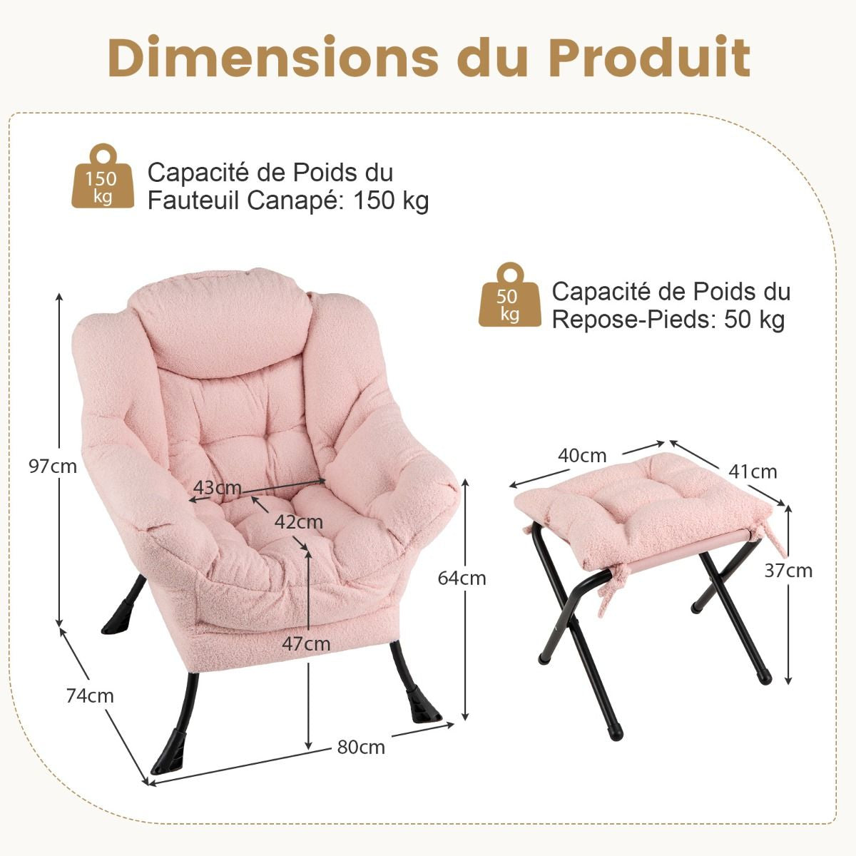 Chaise Paresseuse Avec Ottoman Fauteuil De Loisirs Rembourré Sherpa Moderne Avec Repose-Pied Pliable Coussin De Tête Beige/Gris/Rose