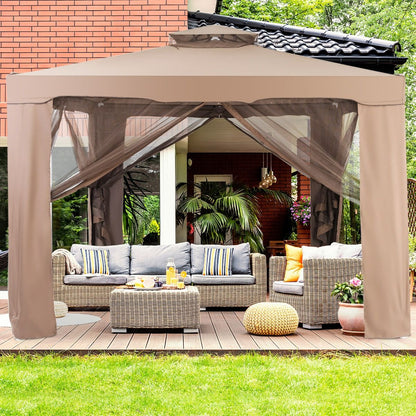 Tente De Réception Tonnelle De Jardin Imperméable Double Toits Moustiquaire Protection UV 50+ Imperméable 3X3M Pour Terrasse Jardin Brun/Beige