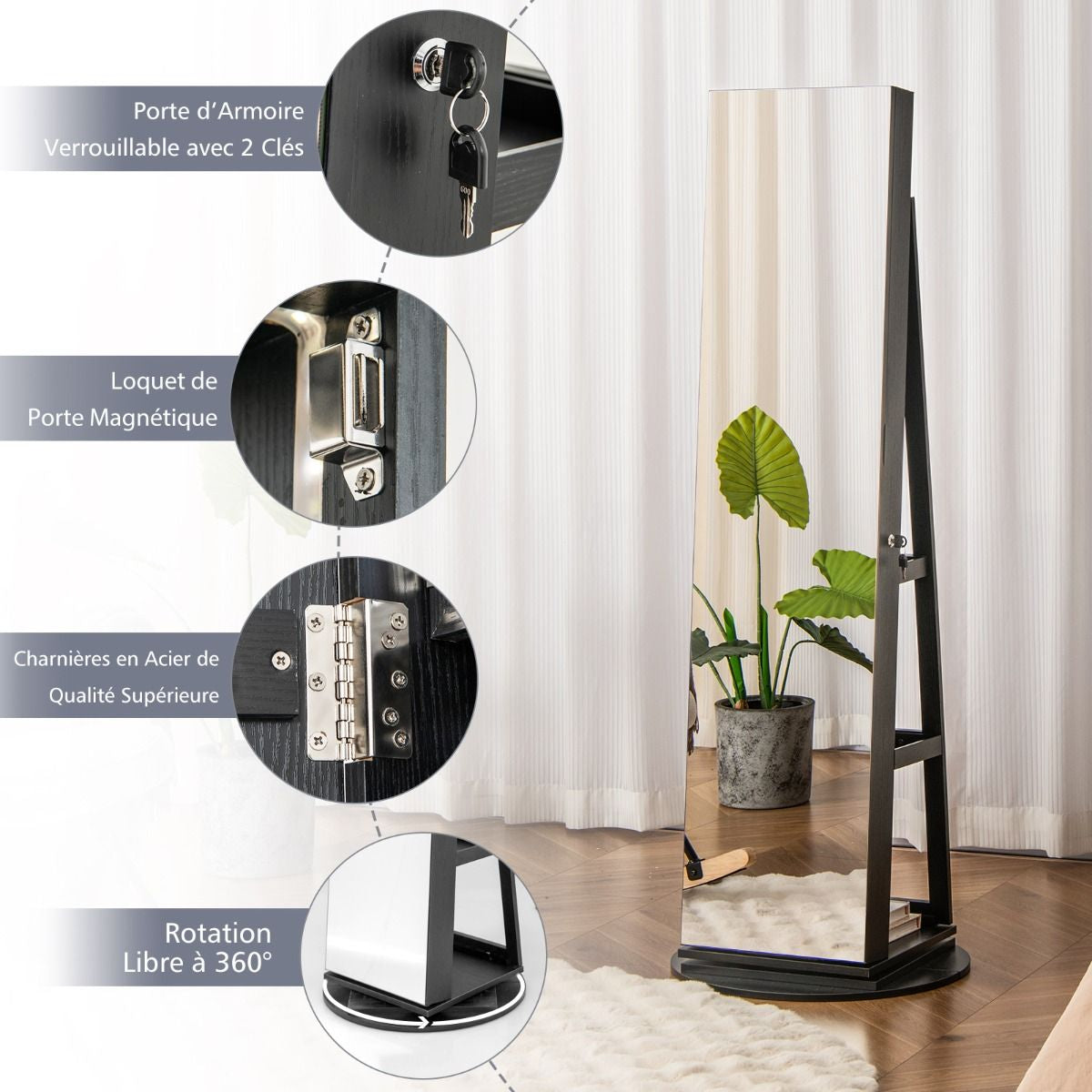 Armoire À Bijoux Pivotante À 360°Avec Lumières LED 3 Couleurs Miroir Pleine Longueur Et Étagère 3 Niveaux En Arrière 10 Couleurs Au Choix