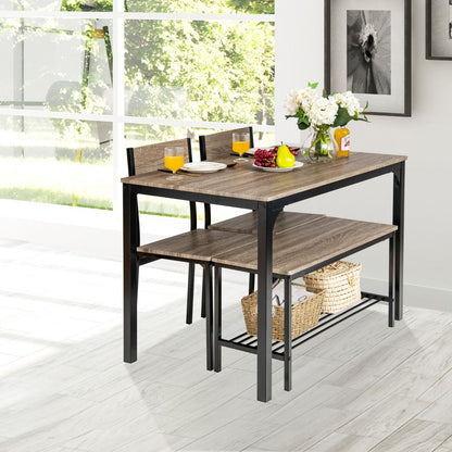 Ensemble Table Et 2 Chaise 1 Banc 4 Personnes Style Industriel Structure En Métal Pour Salle À Manger Restaurant Cuisine Marron/Gris/Café