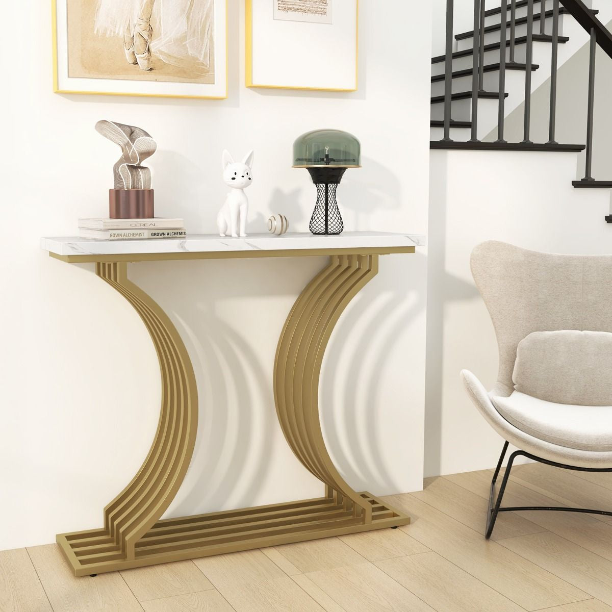 Table Console Imprimée Marbre 100 X 29,5 X 80,5 Cm (L X L X H) Cadre En Métal Doré Style Scandinave Moderne Blanc