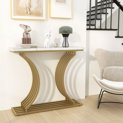 Table Console Imprimée Marbre 100 X 29,5 X 80,5 Cm (L X L X H) Cadre En Métal Doré Style Scandinave Moderne Blanc
