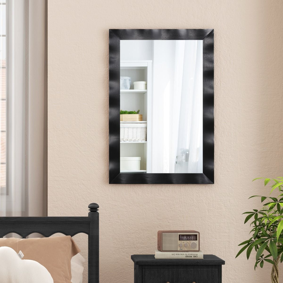 Miroir Mural 106X71,5Cm Miroir En Bois De Caoutchouc Style Rustique Avec Cadre En Bois Massif Miroir Rectangulaire De Vanité Blanc/Noir