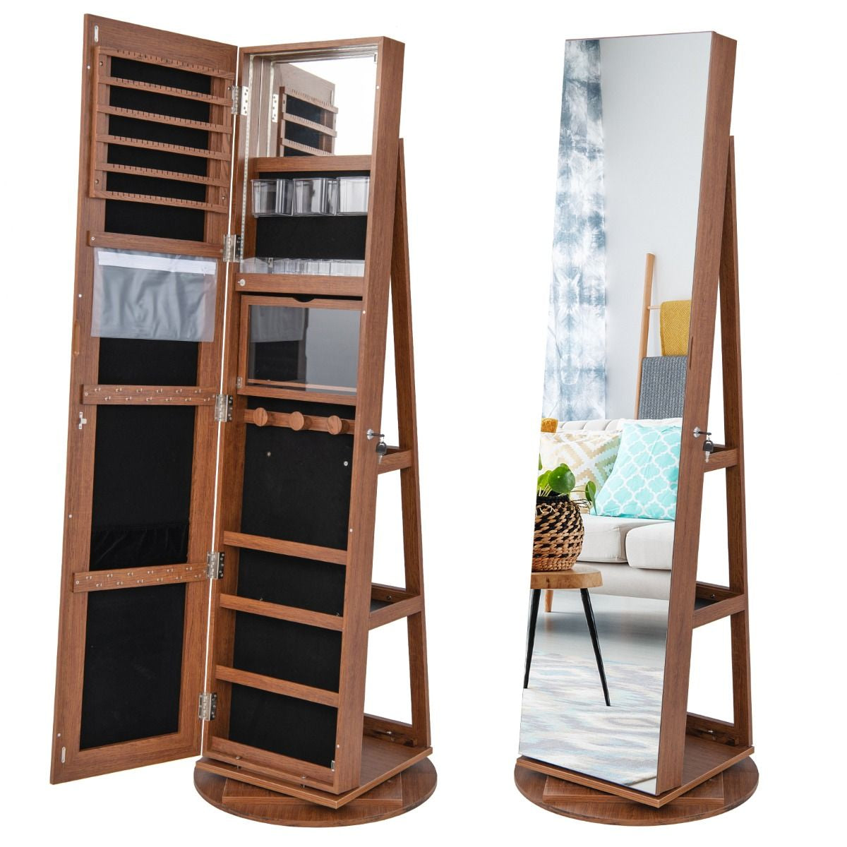 Armoire À Bijoux Pivotante À 360°Avec Lumières LED 3 Couleurs Miroir Pleine Longueur Et Étagère 3 Niveaux En Arrière 10 Couleurs Au Choix