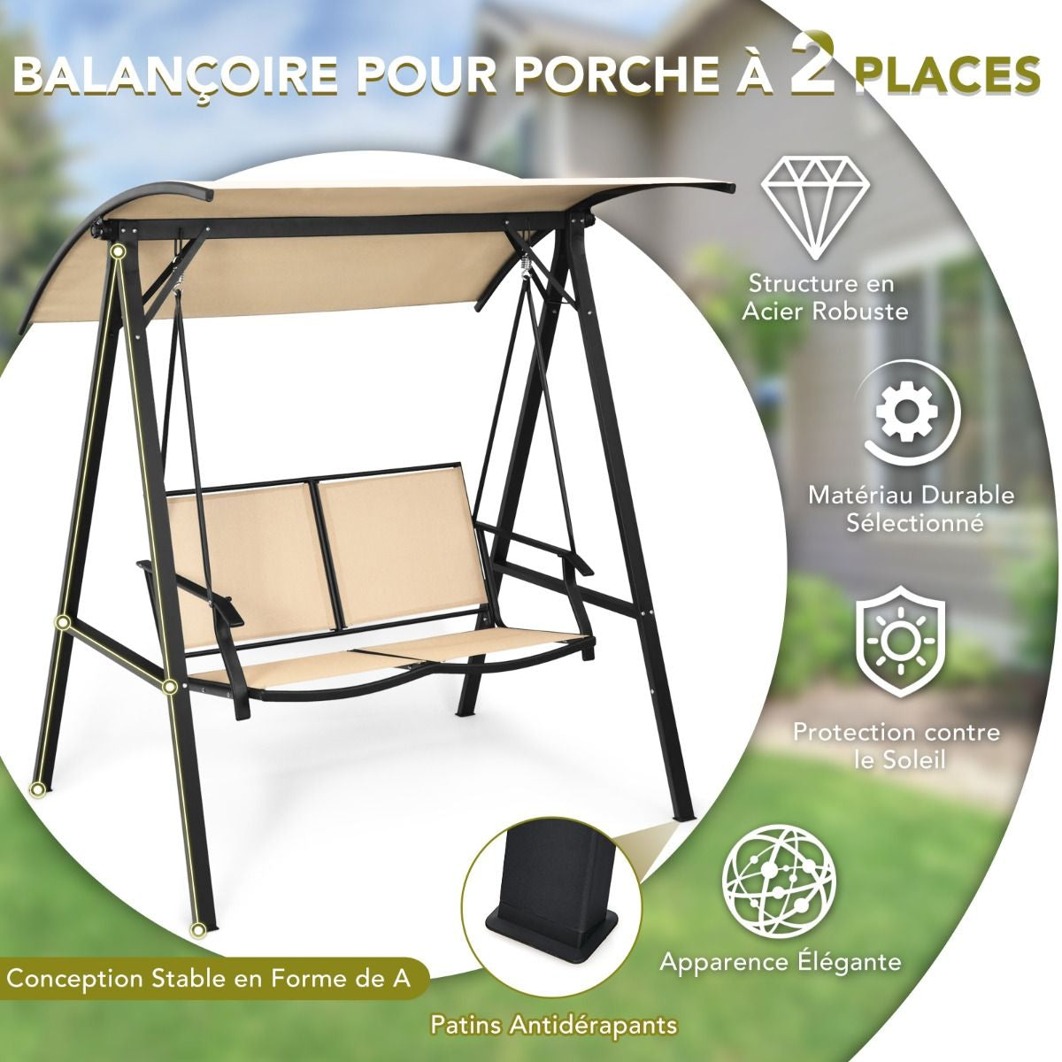 Balançoire De Porche Avec Auvent Réglable Balancelle Extérieure Pour 2 Personnes Cadre Et Auvent En Métal Crochet À Ressort Robuste Beige