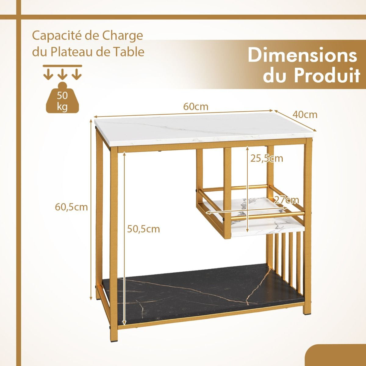 Table D'Appoint En Faux Marbre À 3 Niveaux Avec Etagères De Rangement Table D'Appoint Rectangulaire De Luxe Avec Cadre En Métal Doré