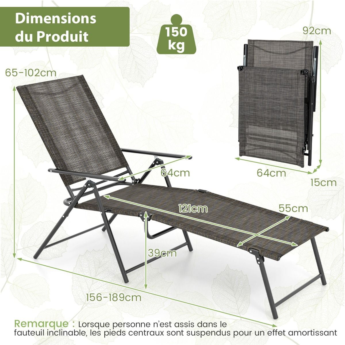 Chaises Longues Pliantes Fauteuil 2 Pièces Dossier À 6 Niveaux Tissu De Siège Respirant Cadre En Métal Solide Chaises Inclinables Réglables Gris/Noir/Café