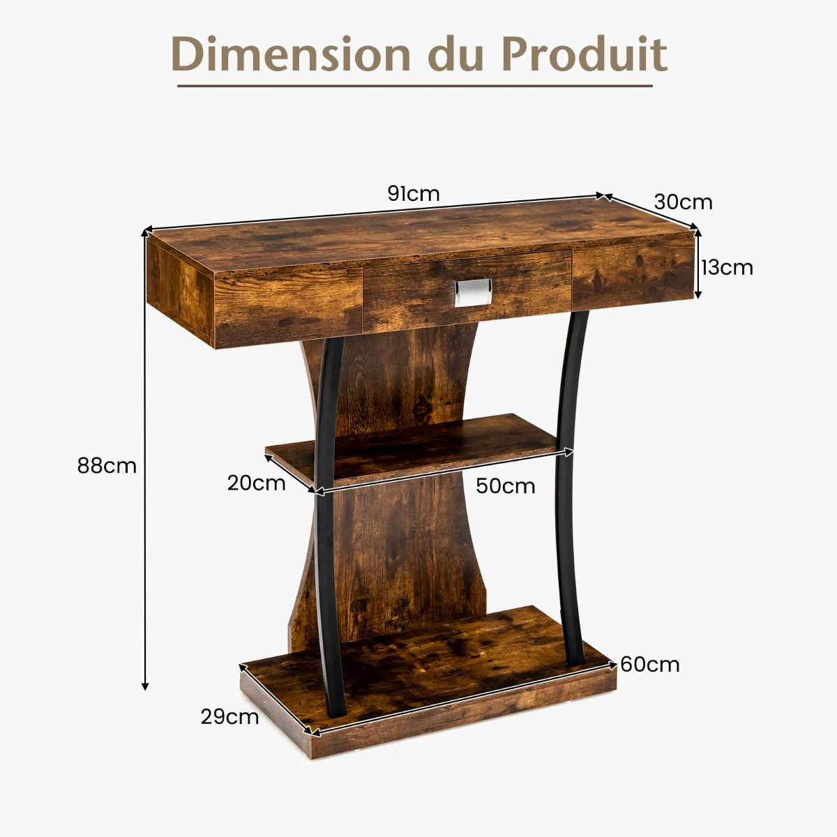 Table Console 3 Étagères Meuble D'Entrée L91 X P30 X H88 Style Scandinave Dispositif Anti-Renversement Brun Rustique/Noir/Gris