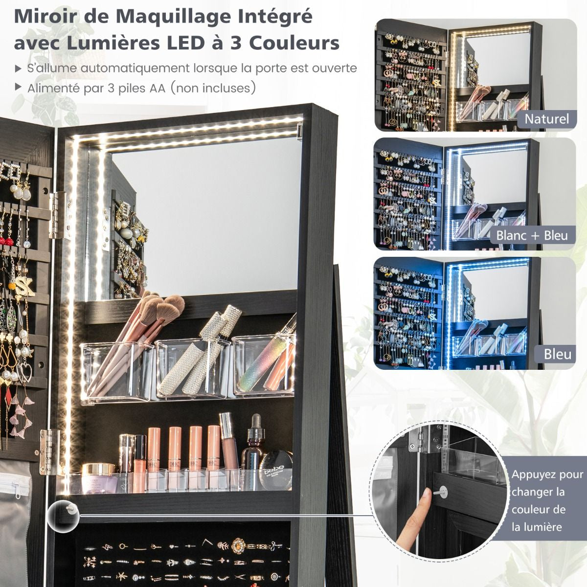 Armoire À Bijoux Pivotante À 360°Avec Lumières LED 3 Couleurs Miroir Pleine Longueur Et Étagère 3 Niveaux En Arrière 10 Couleurs Au Choix