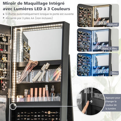 Armoire À Bijoux Pivotante À 360°Avec Lumières LED 3 Couleurs Miroir Pleine Longueur Et Étagère 3 Niveaux En Arrière 10 Couleurs Au Choix