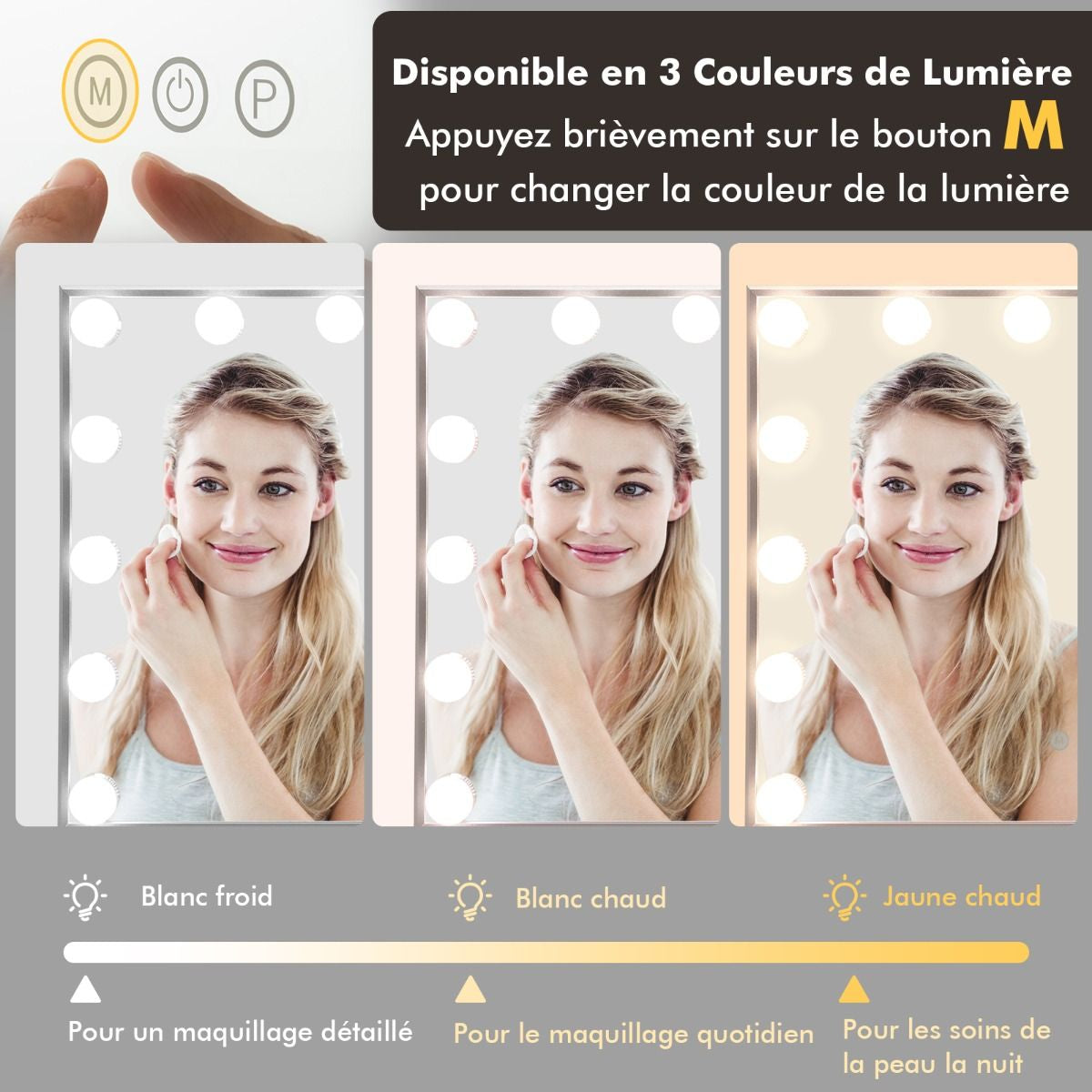 Miroir Maquillage Hollywood 14 Ampoules LED Tactile Éclairage Luminosité Rglable Blanc Froid/Chaud/Neutre