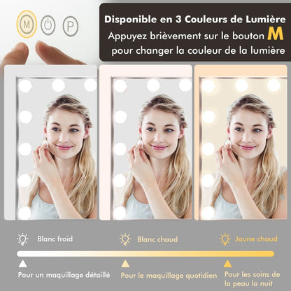 Miroir Maquillage Hollywood 14 Ampoules LED Tactile Éclairage Luminosité Rglable Blanc Froid/Chaud/Neutre
