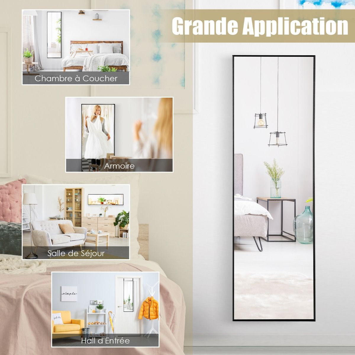 Miroir HD Psyché Mural Miroir Rectangulaire De Grand Format H 120 X L37 CM Cadre Argent En Alliage D'Aluminium Noir/Argent/Or
