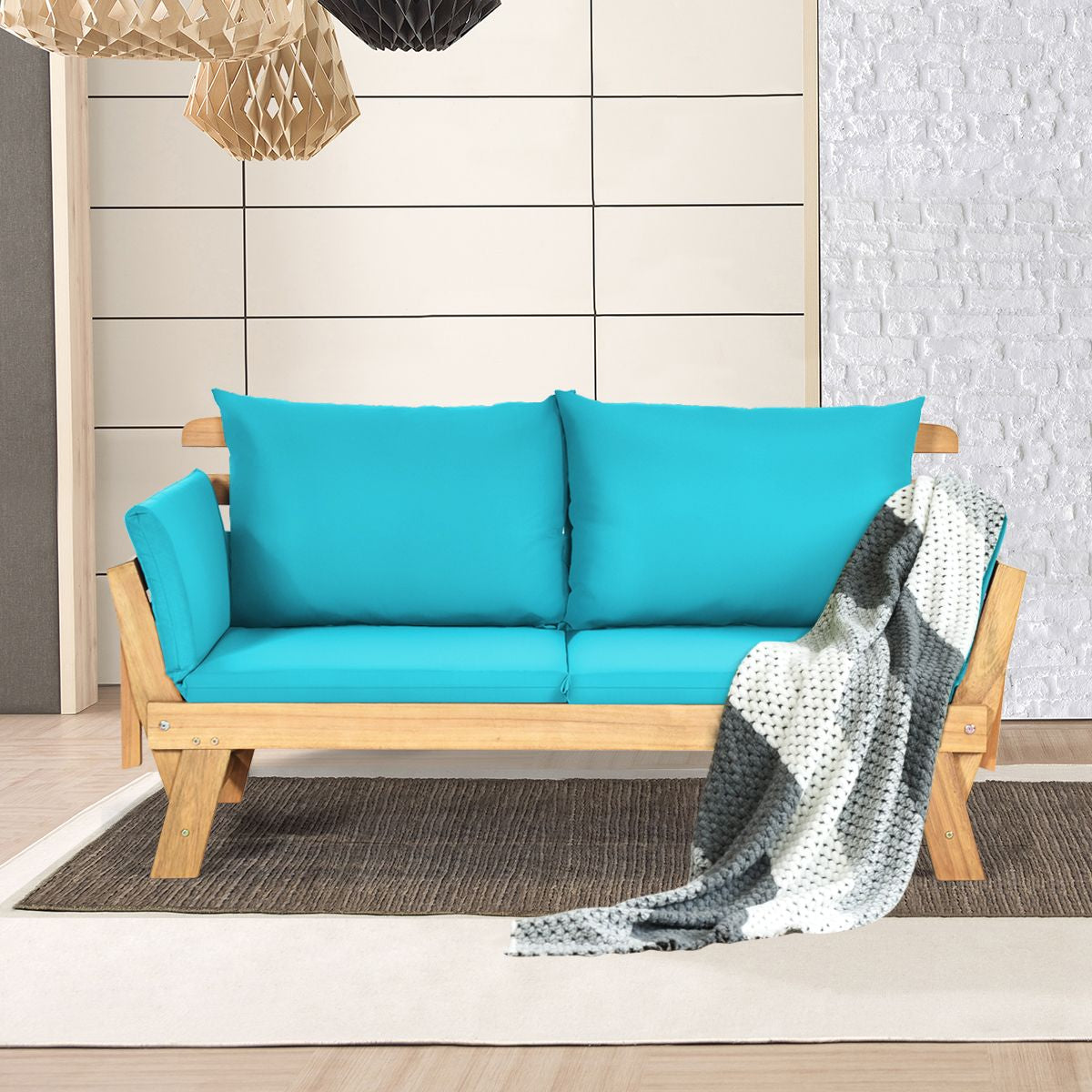 Chaise Longue Convertible Avec Coussin Canapé De Jardin 2 En 1 En Bois D’Acacia Avec Accoudoir Réglable 4 Couleurs Au Choix