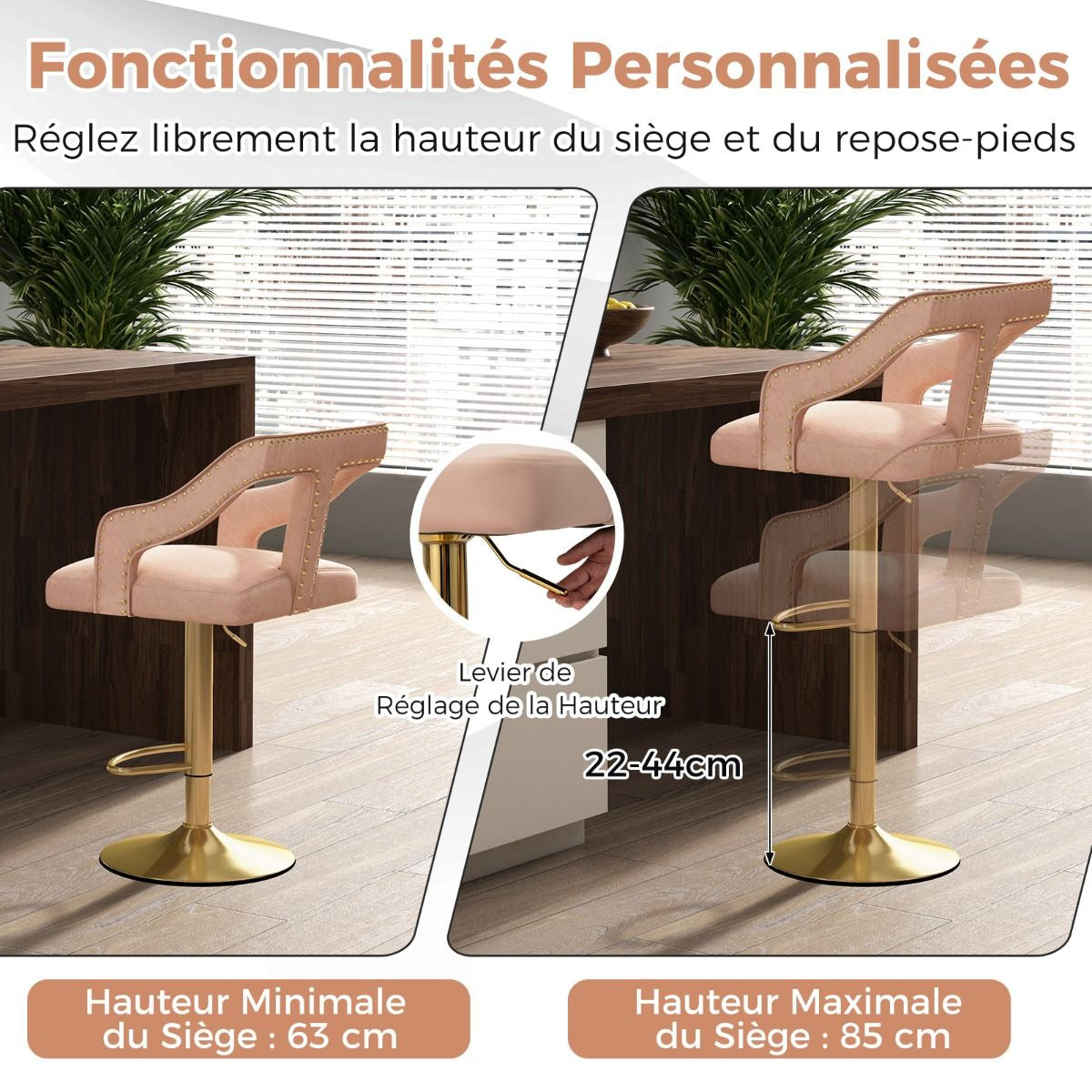 Lot De 2 Chaises De Bar Pivotantes Et Réglables Repose-Pied Base En Métal Galvanisé Anneau Antidérapant Gris/Rose