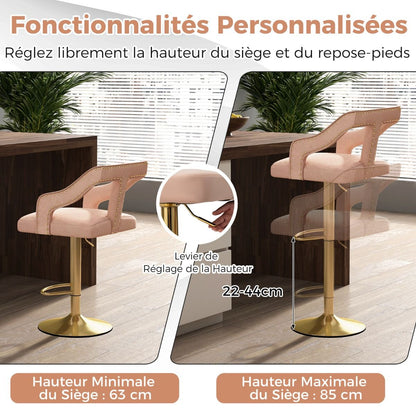 Lot De 2 Chaises De Bar Pivotantes Et Réglables Repose-Pied Base En Métal Galvanisé Anneau Antidérapant Gris/Rose