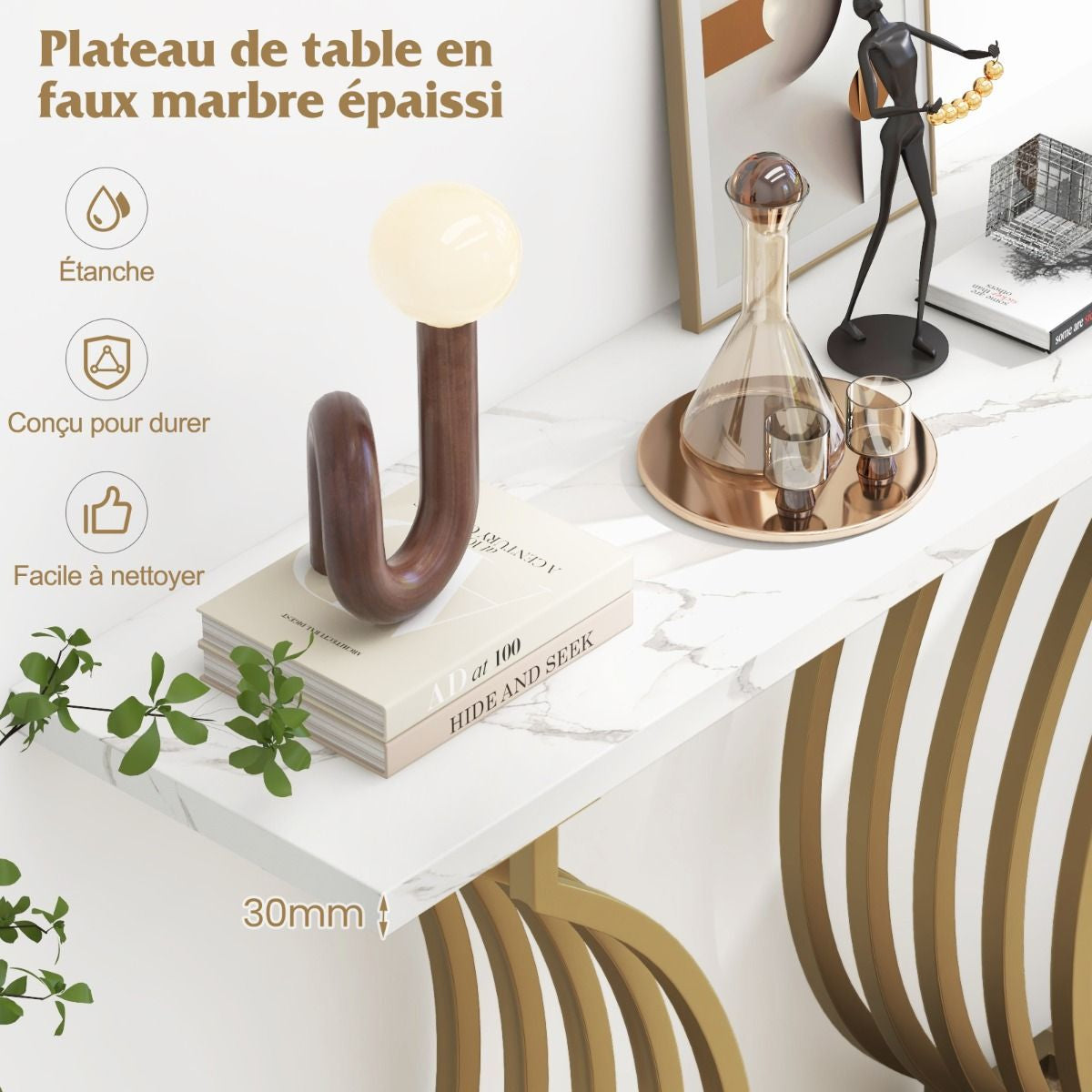 Table Console Imprimée Marbre 100 X 29,5 X 80,5 Cm (L X L X H) Cadre En Métal Doré Style Scandinave Moderne Blanc